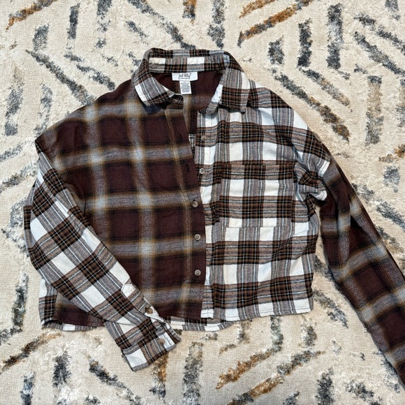 just polly Tops - Plaid Button Down Shirt - Brown and White